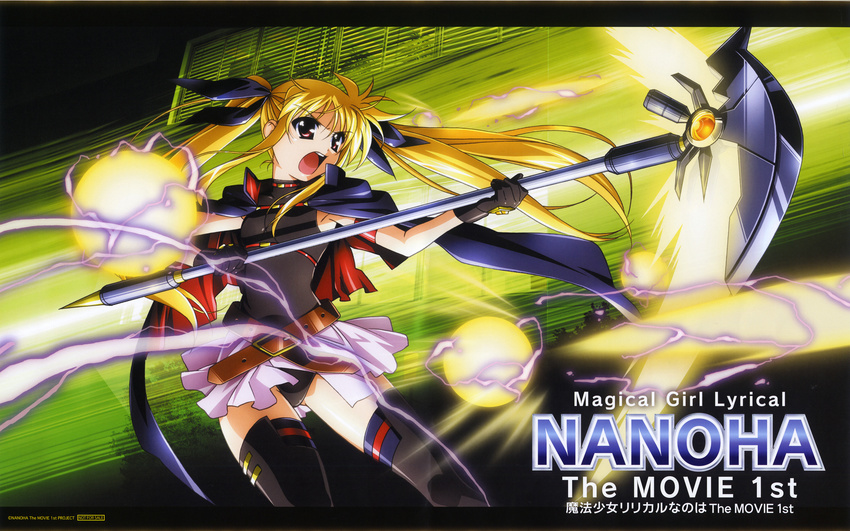 bardiche blonde_hair fate_testarossa highres long_hair lyrical_nanoha mahou_shoujo_lyrical_nanoha mahou_shoujo_lyrical_nanoha_the_movie_1st okuda_yasuhiro solo thighhighs twintails wallpaper