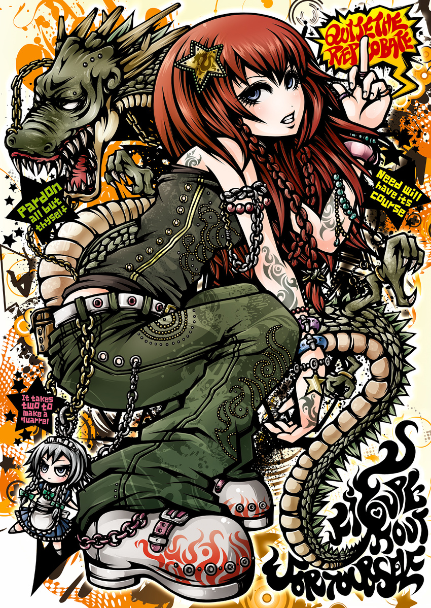 alternate_costume arm_tattoo armlet bangs belt_chain belt_pouch blue_eyes bracelet braid chain character_doll charm_(object) contemporary dragon eastern_dragon engrish green_pants grin hair_ornament highres hong_meiling izayoi_sakuya jewelry long_hair middle_finger multiple_girls pants pouch project.c.k. ranguage red_hair ring shoes side_braid smile star star_hair_ornament tattoo touhou