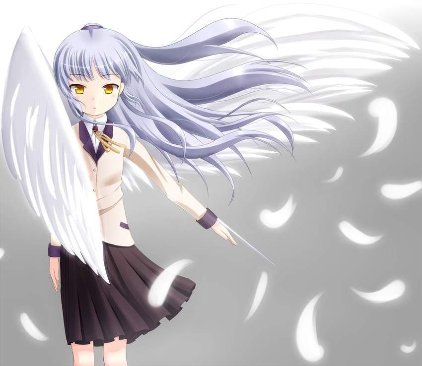 angel_beats! blade blazer feathers hairband highres jacket long_hair ribbon school_uniform silver_hair skirt solo tenshi_(angel_beats!) weapon wings yellow_eyes yunoji_(shion)