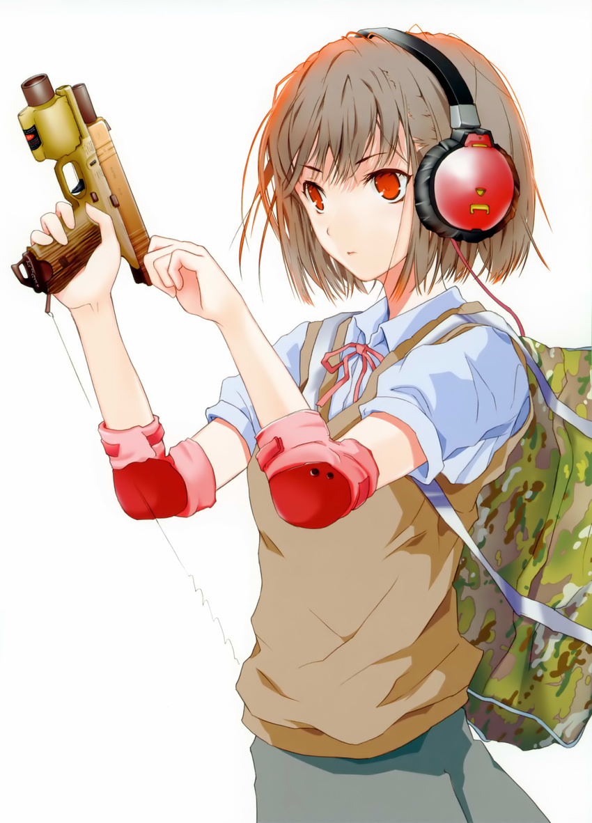 absurdres backpack bag brown_hair camouflage elbow_pads fuyuno_haruaki glock gun handgun headphones highres laser_sight original pistol racking_slide red_eyes short_hair solo trigger_discipline weapon