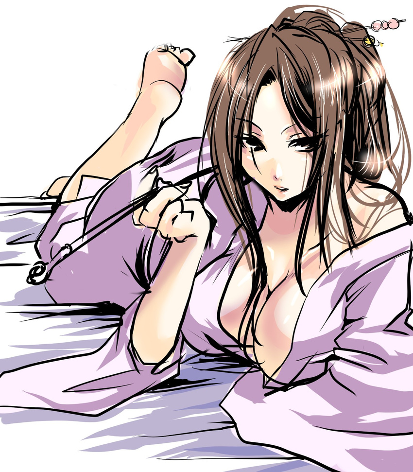 bad_id bad_pixiv_id barefoot breasts brown_eyes brown_hair cleavage feet hair_ornament highres huge_breasts japanese_clothes kanzashi kimono kiseru kobanzame long_hair lying on_stomach original pipe sketch solo yuujo