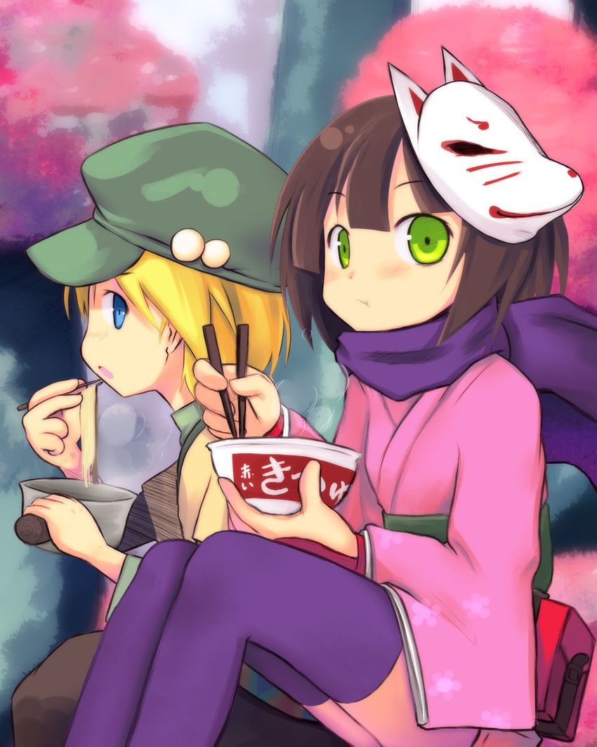 1girl blonde_hair blue_eyes bowl brown_hair chopsticks eating farmer_(sekaiju) green_eyes hat highres japanese_clothes kazuboh kimono maruchan_akai_kitsune_udon mask pot product_placement scarf sekaiju_no_meikyuu sekaiju_no_meikyuu_3 shinobi_(sekaiju) short_hair sitting thighhighs udon zettai_ryouiki