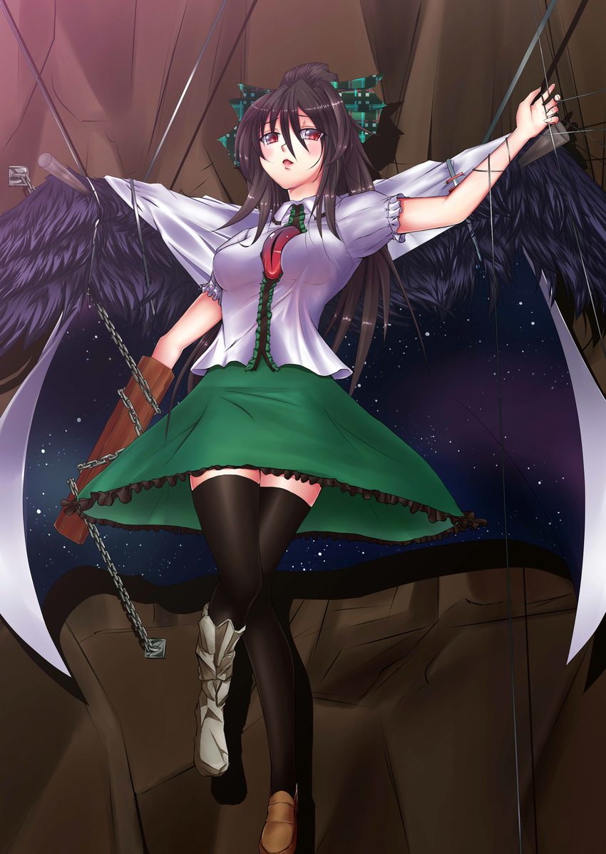 absurdres arm_cannon black_thighhighs blush cape captured chains loafers open_mouth red_eyes reiuji_utsuho rock skirt stake stars stockings thigh-highs touhou trapped wings zettai_ryouiki