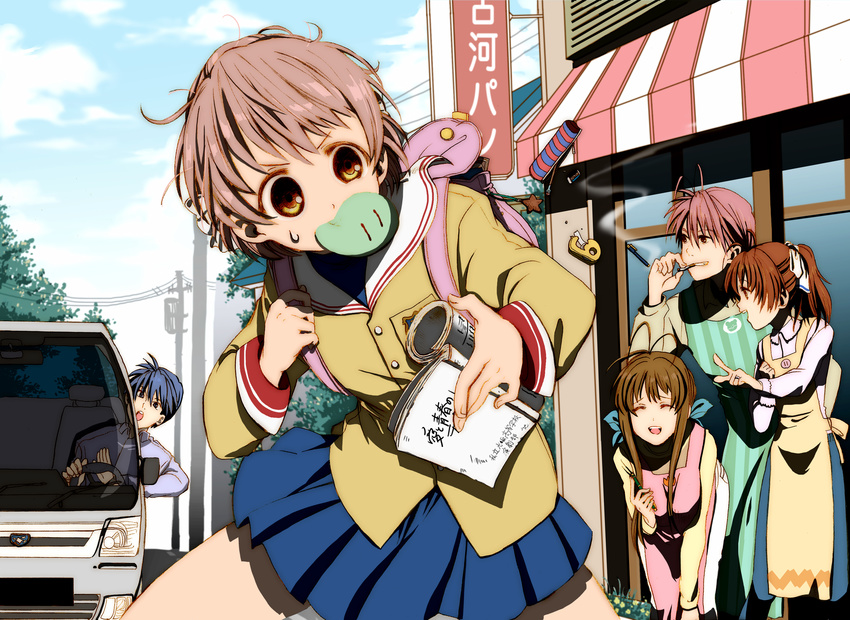 3girls apron bag brown_eyes brown_hair clannad dango_daikazoku family furukawa_akio furukawa_nagisa furukawa_sanae ground_vehicle harumachi_(hi-sugar) highres hikarizaka_private_high_school_uniform motor_vehicle mouth_hold multiple_boys multiple_girls okazaki_tomoya okazaki_ushio older school_uniform short_hair teenage truck