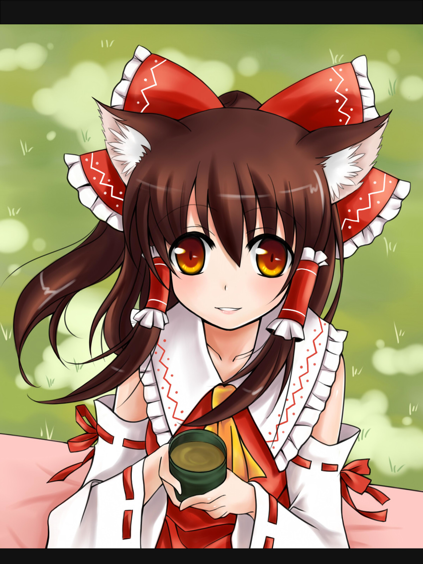 animal_ears bow brown_hair cat_ears cup detached_sleeves hair_bow hakurei_reimu highres kemonomimi_mode misa_(little_yoko) ribbon smile solo tea touhou yunomi