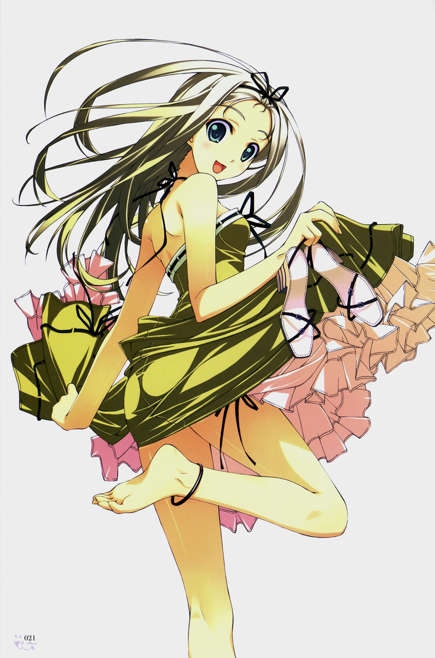 :d absurdres anklet barefoot dress dress_lift feet green_eyes highres holding holding_shoes jewelry looking_back murakami_suigun open_mouth original plantar_flexion scan shoes smile soles solo standing standing_on_one_leg toes white_hair