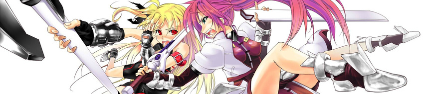 arm_belt arm_guards bardiche blonde_hair blue_eyes breasts cropped_jacket fate_testarossa fingerless_gloves gloves hair_ribbon jacket levantine long_hair long_image lyrical_nanoha magical_girl mahou_shoujo_lyrical_nanoha mahou_shoujo_lyrical_nanoha_a's mahou_shoujo_lyrical_nanoha_strikers medium_breasts multiple_girls open_clothes open_jacket pink_hair ponytail red_eyes ribbon signum sword twintails waist_cape weapon wide_image
