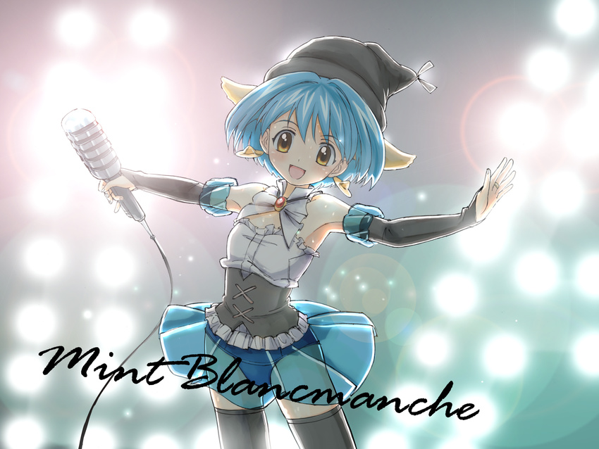 animal_ears bad_id bad_pixiv_id blue_hair blue_skirt brown_eyes character_name detached_sleeves earrings galaxy_angel hat highres jewelry lens_flare microphone mint_blancmanche nyama outstretched_arms short_hair skirt smile solo spotlight spread_arms thighhighs transparent vintage_microphone