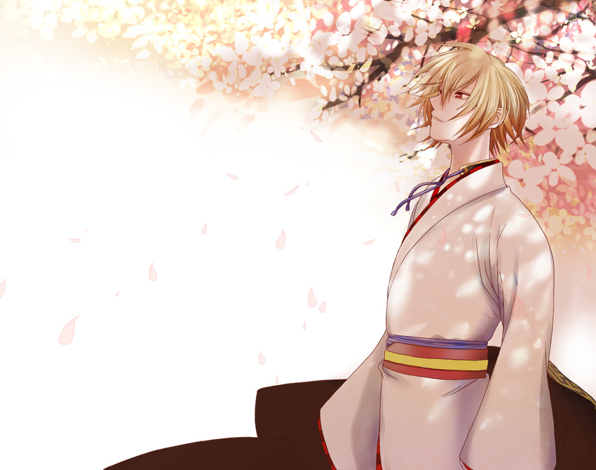 blonde_hair cherry_blossoms hakuouki_shinsengumi_kitan japanese_clothes male obi red_eyes solo wallpaper white