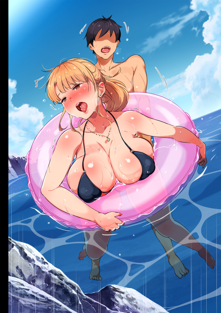 ane_wa_yanmama_junyuuchuu_in_atami_da~!! bare_arms bare_legs bent_over bikini blonde_hair blush bottomless breasts cleavage clothed_female_nude_male clouds day engawa_suguru erect_nipples feet highres innertube jewelry large_breasts legs long_ponytail moaning necklace no_eyes nude open_mouth original outdoors partially_submerged ponytail puffy_nipples red_eyes sex sky string_bikini swimsuit thighs toes vaginal water wet