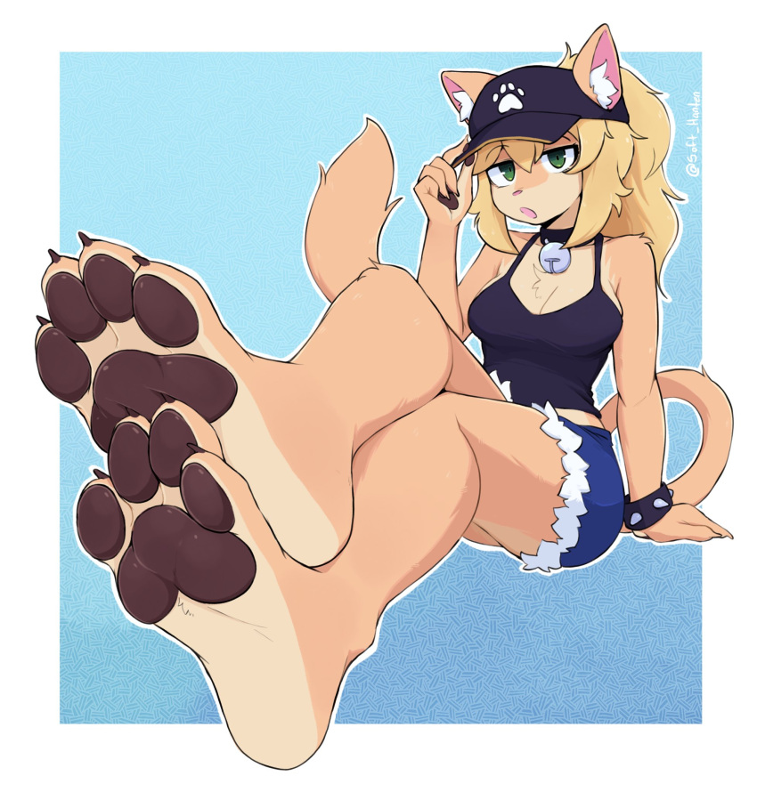2025 4_toes anthro artist_name barefoot baseball_cap bell bell_collar blonde_hair border bottomwear bracelet breasts brown_pawpads chest_tuft claws clothed clothing collar countershade_feet countershading crossed_legs digital_media_(artwork) domestic_cat feet felid feline felis female foot_focus fur green_eyes hair hat headgear headwear hi_res inner_ear_fluff jewelry looking_at_viewer mammal open_mouth outline paige_(p4wsized) pawpads paws plantigrade plantigrade_pawpads shirt shorts simple_background sitting softhanten soles solo spiked_bracelet spikes tail tank_top text tipping_hat toe_claws toes topwear tuft white_border
