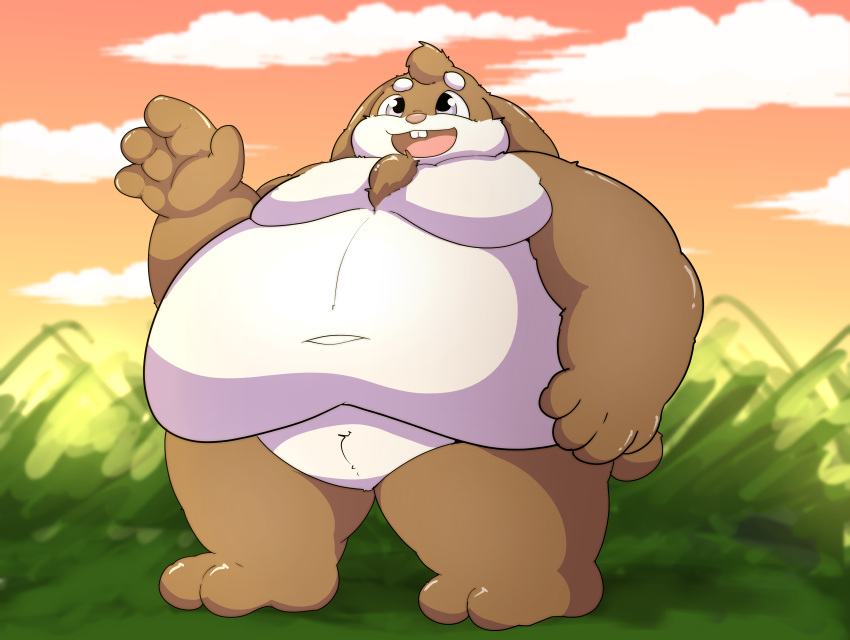 2020 absurd_res anthro belly biped brown_body brown_fur featureless_crotch fur hi_res kemono kusosensei lagomorph leporid male mammal nude obese obese_anthro obese_male outside overweight overweight_anthro overweight_male pink_nose rabbit solo