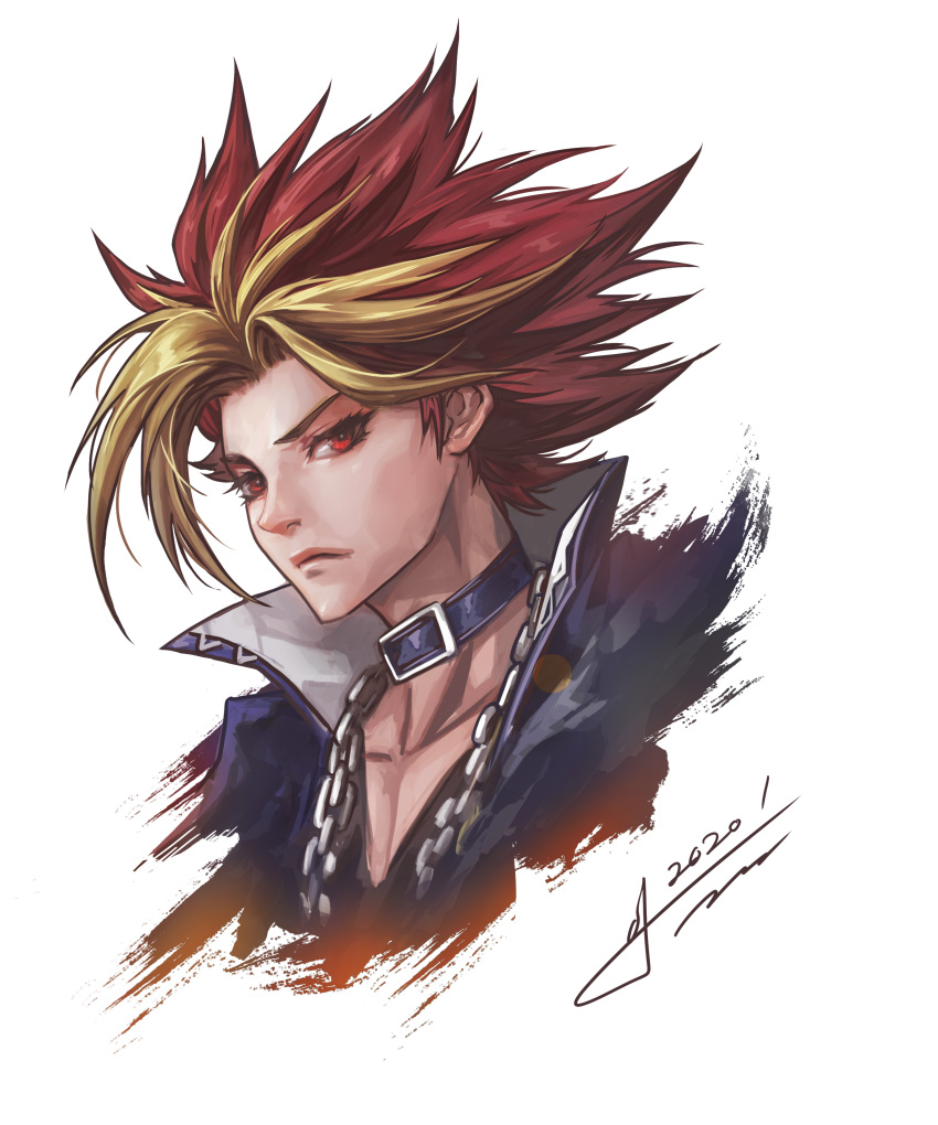 1boy absurdres atem black_hair blonde_hair blue_collar chain chain_necklace closed_mouth collar dated face highres jay_b_lee jewelry male_focus multicolored multicolored_hair mutou_yuugi necklace red_eyes red_hair signature simple_background solo upper_body white_background yuu-gi-ou yuu-gi-ou_duel_monsters