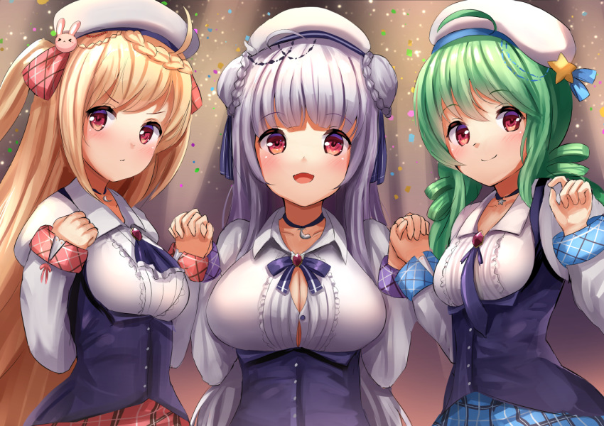 3girls :d ahoge ascot azur_lane bangs beret blonde_hair blue_choker blue_skirt blue_vest blunt_bangs blush braid braided_bun breasts bunny_hair_ornament button_gap center_frills choker cleavage collarbone collared_shirt comet_(azur_lane) commentary_request crescent_(azur_lane) cygnet_(azur_lane) double_bun drill_hair eyebrows_visible_through_hair frills frown green_hair hair_between_eyes hair_ornament hair_ribbon hat holding_hands large_breasts long_hair long_sleeves looking_at_viewer manda_(manda9n) medium_breasts multiple_girls open_mouth plaid plaid_ribbon plaid_skirt purple_eyes purple_ribbon red_eyes red_skirt retrofit_(azur_lane) ribbon shirt side_bun sidelocks skirt smile standing star_(symbol) star_hair_ornament tilted_headwear twin_drills twintails two_side_up upper_body vest white_hair white_headwear white_shirt