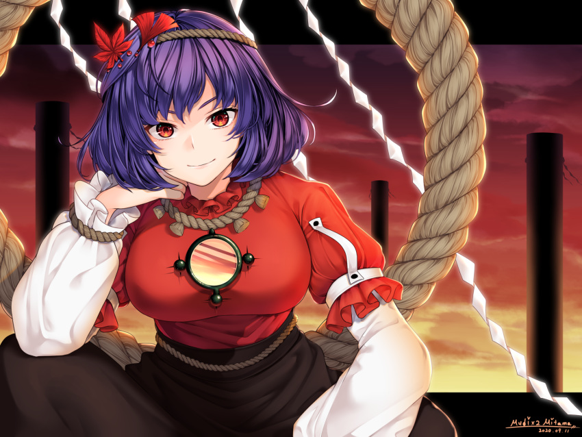 1girl artist_name autumn_leaves black_skirt blouse breasts cloud commentary_request dated hair_ornament head_rest highres leaf leaf_hair_ornament long_sleeves looking_at_viewer mirror mudix2 onbashira purple_hair red_blouse red_eyes red_sky rope shide shimenawa short_hair short_over_long_sleeves short_sleeves skirt sky smile solo touhou yasaka_kanako