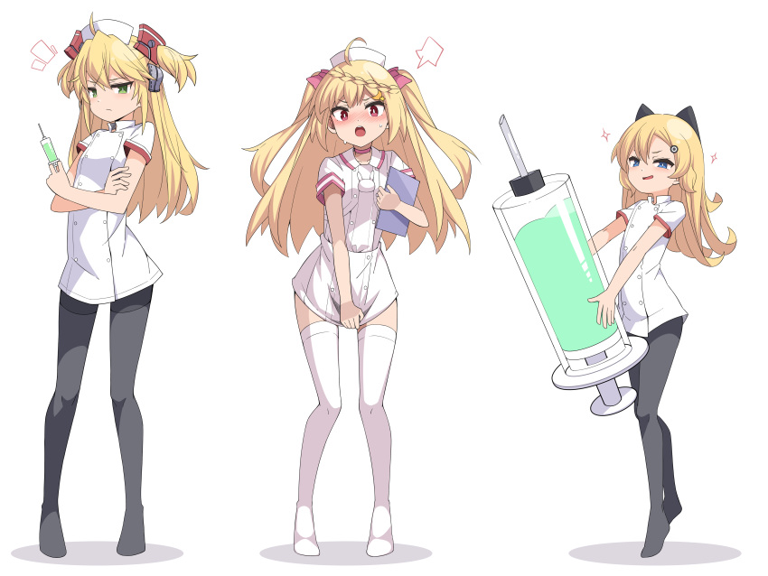 3girls abercrombie_(azur_lane) absurdres admiral_hipper_(azur_lane) ahoge alternate_costume azur_lane black_legwear blonde_hair blue_eyes braid commission crescent_(azur_lane) dress hair_ribbon hat highres holding kandori long_hair looking_at_viewer multiple_girls nurse nurse_cap oversized_object pantyhose red_eyes ribbon short_dress short_sleeves simple_background smile standing syringe thighhighs white_background white_dress white_headwear white_legwear