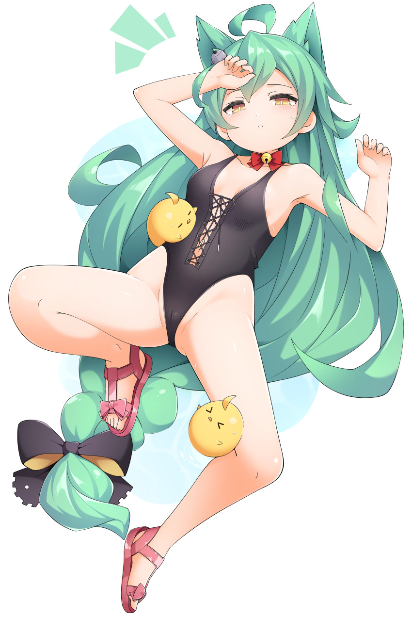 1girl absurdres ahoge akashi_(azur_lane) animal_ears azur_lane bare_arms bare_legs bare_shoulders bell bird black_bow black_swimsuit bow bowtie breasts cameltoe cat_ears chick commission full_body green_hair hair_bow highleg highleg_swimsuit highres jingle_bell kandori long_hair looking_at_viewer low-tied_long_hair one-piece_swimsuit parted_lips pink_footwear red_neckwear sandals simple_background small_breasts solo swimsuit very_long_hair white_background yellow_eyes