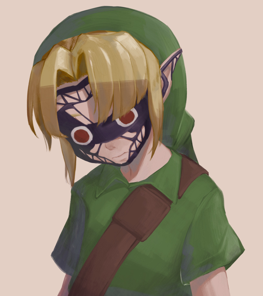 1boy arms_at_sides blonde_hair border brown_background closed_mouth commentary_request green_headwear green_shirt highres link mask mazel pointy_ears red_eyes shirt short_hair simple_background the_legend_of_zelda the_legend_of_zelda:_majora's_mask white_border