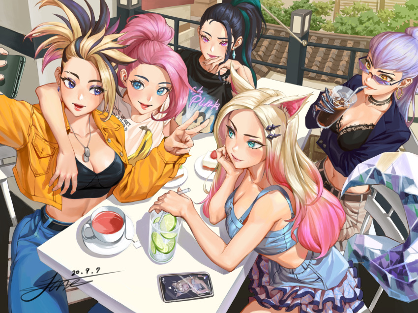 5girls absurdres ahri akali animal_ears bangs black_hair blonde_hair blue_eyes breasts cafe cleavage crystal_tail drink english_commentary evelynn fox_ears fox_tail glasses green_eyes highres holding holding_drink holding_phone k/da_(league_of_legends) kai'sa league_of_legends multiple_girls phone pink_hair ponytail purple_eyes purple_hair self_shot seraphine_(league_of_legends) sitting tail the_baddest_ahri the_baddest_akali the_baddest_evelynn the_baddest_kai'sa tied_hair tiger_june virtual_youtuber yellow_eyes