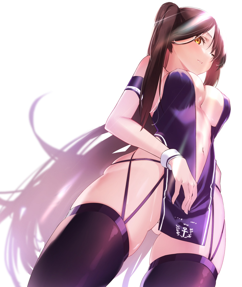 1girl absurdres ass_visible_through_thighs azur_lane breasts brown_hair center_opening cleavage cowboy_shot detached_sleeves dress dutch_angle from_below gallant99770 garter_straps highres large_breasts long_hair navel one_eye_closed pelvic_curtain purple_dress purple_legwear race_queen revealing_clothes short_dress simple_background skindentation solo thighhighs very_long_hair white_background yellow_eyes zuikaku_(azur_lane) zuikaku_(the_wind's_true_name)_(azur_lane)