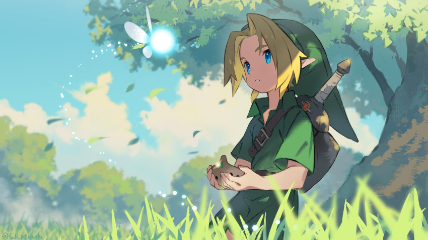 1boy bangs belt_buckle blanco026 blonde_hair blue_eyes blue_sky buckle cloud collared_shirt day fairy grass green_headwear green_shirt hat highres holding holding_instrument instrument link looking_at_another male_focus nature navi ocarina outdoors parted_lips pointy_ears sheath sheathed shirt short_sleeves sky sword the_legend_of_zelda the_legend_of_zelda:_ocarina_of_time tree weapon weapon_on_back wing_collar