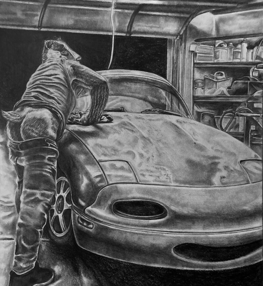 absurd_res anthro badger butt car clothed clothing detailed garage greyscale hi_res humanoid looking_at_viewer looking_back male mammal mazda mazda_mx-5 monochrome mustelid musteline pants_down partially_clothed presenting presenting_hindquarters realistic sinful_ink_(artist) traditional_media_(artwork) vehicle wardrobe_malfunction