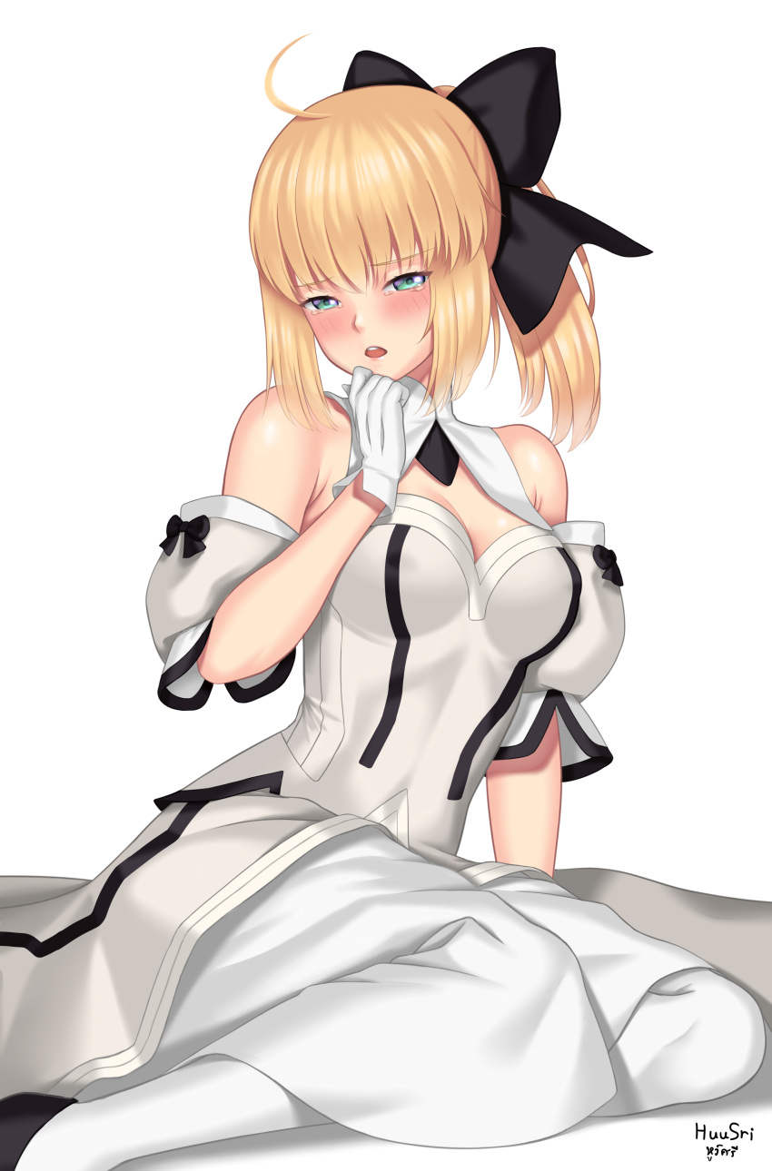 1girl :o absurdres ahoge arm_support armpit_crease artoria_pendragon_(all) bangs bare_shoulders black_bow blonde_hair bow breasts cleavage detached_sleeves dress eyebrows_visible_through_hair fate/grand_order fate_(series) gloves green_eyes hair_bow highres huusri long_hair looking_at_viewer saber simple_background sitting solo tearing_up thighhighs white_background white_dress white_gloves yokozuwari