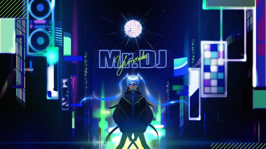 1girl bangs black_jacket black_legwear black_shorts blue_eyes blue_hair closed_mouth commentary_request disco_ball eyebrows_behind_hair floating_hair hair_between_eyes hands_in_pockets hatsune_miku highres jacket legs_apart legwear_under_shorts long_hair looking_at_viewer nou pantyhose short_shorts shorts solo standing twintails very_long_hair vocaloid