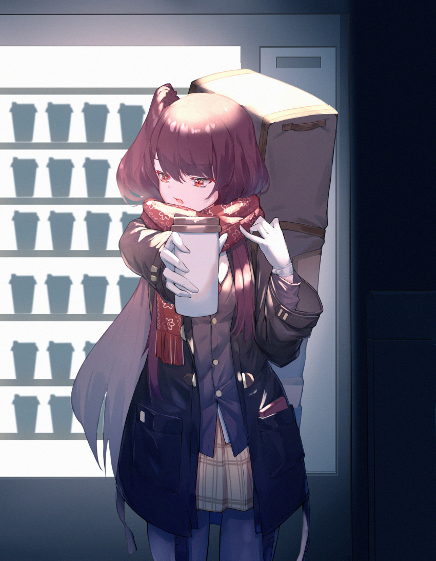 1girl absurdres cafe coffee_cup cup disposable_cup drink girls_frontline hand_on_own_shoulder highres holding holding_drink long_hair looking_away looking_down open_mouth pov pov_dating red_eyes red_scarf rzx0 scarf short_sidetail side_ponytail solo very_long_hair wa2000_(girls_frontline)