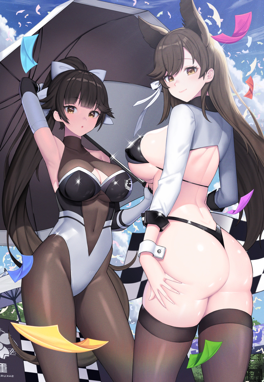 2girls :o absurdres animal_ears arm_up armpits ass atago_(azur_lane) atago_(stunning_speedster)_(azur_lane) azur_lane back bangs bare_back bare_shoulders bikini black_legwear blunt_bangs blush bodystocking bow breasts brown_eyes casual_one-piece_swimsuit center_opening checkered checkered_flag cleavage cleavage_cutout closed_mouth confetti covered_navel day elbow_gloves eyebrows_visible_through_hair fingerless_gloves flag gloves hair_bow high_ponytail highleg highleg_swimsuit highres holding holding_umbrella large_breasts long_hair looking_at_viewer looking_back micro_bikini multiple_girls one-piece_swimsuit outdoors parasol parted_lips race_queen shrug_(clothing) skindentation smile sparkle strapless strapless_swimsuit swept_bangs swimsuit swimsuit_over_clothes takao_(azur_lane) takao_(full_throttle_charmer)_(azur_lane) thighhighs thighs thong_bikini umbrella underboob very_long_hair white_bow white_gloves wrist_cuffs yuri_(chocho_q)