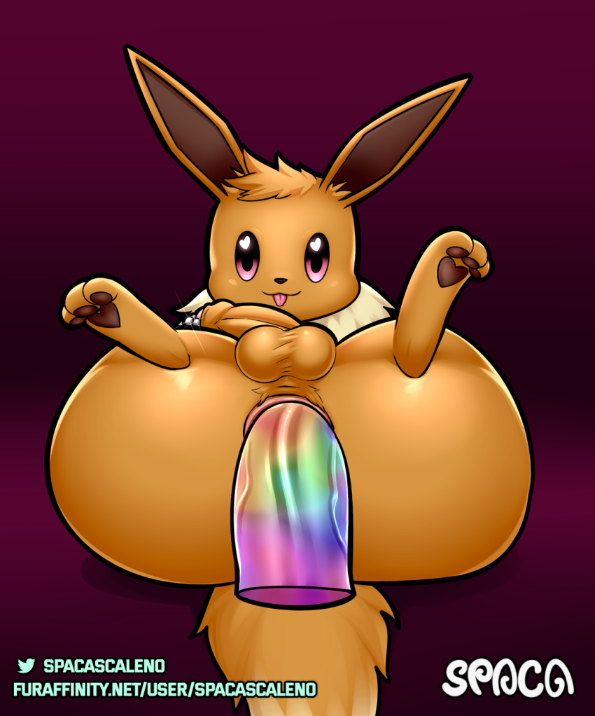 anal anal_penetration anus balls big_butt blep butt dildo eevee feral genital_piercing genitals hair happy head_tuft hi_res huge_butt humanoid_genitalia humanoid_penis hyper hyper_butt male male/male male_penetrated male_penetrating male_penetrating_male neoteny nintendo paws penetration penis penis_piercing piercing pink_eyes pok&eacute;mon pok&eacute;mon_(species) purple_background rear_view sex_toy simple_background solo spaca submissive submissive_male text tongue tongue_out tuft video_games