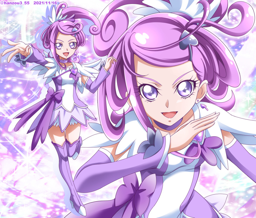 1girl arm_warmers boots breasts brooch choker collarbone commentary_request cure_sword dated dokidoki!_precure earrings eyebrows forehead frills full_body hair_ornament hanzou high_ponytail highres jewelry kenzaki_makoto magical_girl open_mouth precure purple_background purple_choker purple_eyes purple_footwear purple_hair purple_skirt ribbon skirt small_breasts smile solo spade_(shape) spade_earrings spade_hair_ornament sparkle_background thigh_boots thighhighs twitter_username