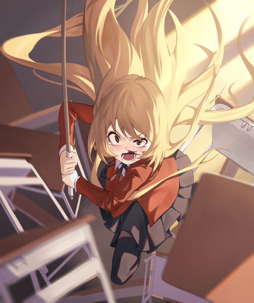 1girl aisaka_taiga angry bangs black_legwear black_ribbon black_skirt blood brown_eyes brown_hair commentary_request desk fighting_stance floating_hair highres holding jacket long_hair long_sleeves looking_at_viewer lower_teeth neck_ribbon oohashi_high_school_uniform open_mouth red_jacket ribbon school_desk school_uniform shirt skirt solo ssangbong-llama sword thighhighs toradora! weapon white_shirt wooden_sword