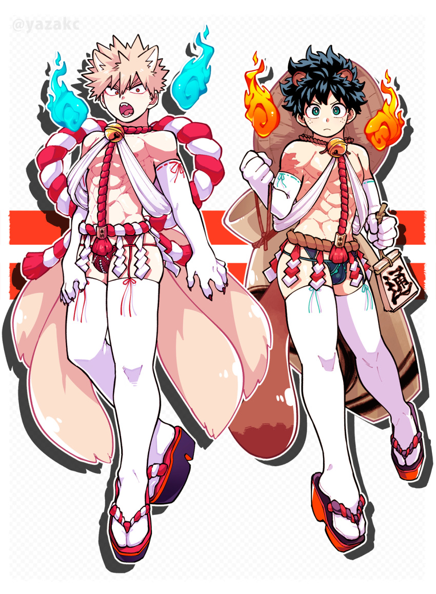 2boys alcohol animal_ears bakugou_katsuki bell bell_choker bikini_briefs black_hair blonde_hair blue_fire boku_no_hero_academia choker drop_shadow elbow_gloves fangs fire fox_ears fox_tail freckles full_body garter_straps geta gloves green_eyes hat highres hitodama kitsune male_focus male_underwear midoriya_izuku multiple_boys multiple_tails nipples paw_gloves paws raccoon_ears raccoon_tail red_eyes rope sake scar shimenawa straw_hat tabi tail tanuki thighhighs toned toned_male twitter_username underwear white_gloves yazakc