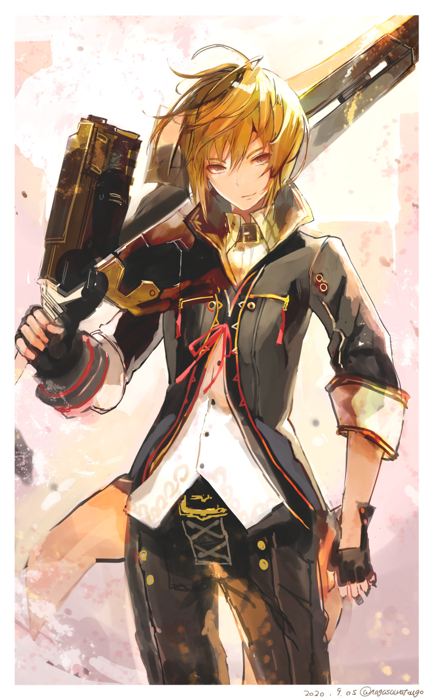 1boy black_gloves black_pants blonde_hair border collar dated fingerless_gloves gloves god_eater god_eater_2:_rage_burst grey_eyes highres holding holding_sword holding_weapon jacket julius_visconti male_focus nagasawa_tougo over_shoulder pants shirt smile solo sword twitter_username weapon weapon_over_shoulder white_border white_shirt