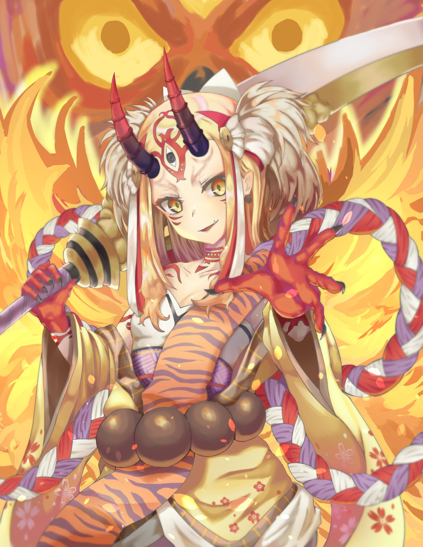 1girl 7aehyun animal_print bare_shoulders bead_belt beads black_nails blonde_hair collarbone fang fate_(series) fingernails fingers floral_print gradient gradient_horns highres holding holding_sword holding_weapon horns ibaraki_douji_(fate/grand_order) japanese_clothes long_sleeves medium_hair multicolored_horns over_shoulder parted_lips red_skin sharp_fingernails solo sword sword_over_shoulder tattoo third_eye tiger_print weapon weapon_over_shoulder wide_sleeves yellow_eyes
