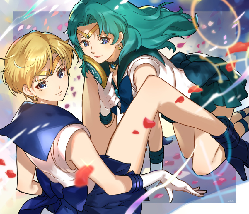 2girls absurdres all_fours back_bow bishoujo_senshi_sailor_moon blonde_hair blue_choker blue_eyes blue_sailor_collar blue_skirt bow choker earrings gloves green_hair high_heels highres jewelry kaiou_michiru long_hair magical_girl multiple_girls n-bata outer_senshi sailor_collar sailor_moon sailor_neptune sailor_senshi sailor_senshi_uniform sailor_uranus short_hair skirt ten'ou_haruka tiara white_gloves yellow_bow yuri