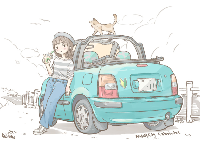 1girl brown_hair car cat convertible drink ground_vehicle holding holding_drink leaning_back looking_to_the_side motor_vehicle nissan nissan_march original rabienu starbucks striped striped_sweater sweater vehicle_focus