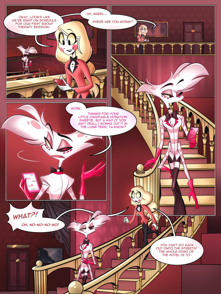 3:4 4_arms angel_dust charlie_(vivzmind) clothed clothing comic demon detailed_background dialogue duo english_text female hazbin_hotel hi_res humanoid inside madelezabeth male multi_arm multi_limb stairs text