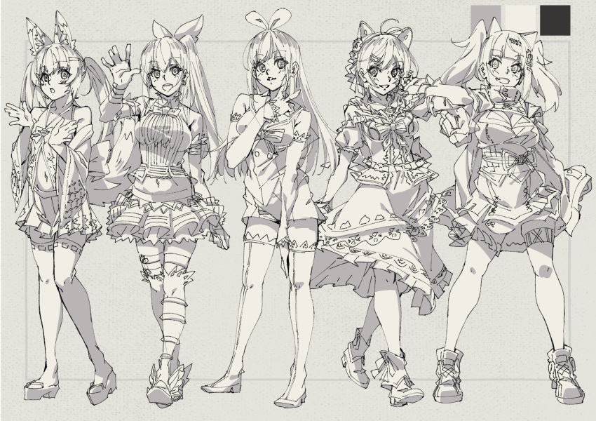 5girls absurdres bangs character_request highres kaguya_luna kizuna_ai kizuna_ai_inc. long_hair mirai_akari mirai_akari_project monochrome multiple_girls paintedmike ponytail smile the_moon_studio thighhighs tied_hair twintails v virtual_youtuber waving