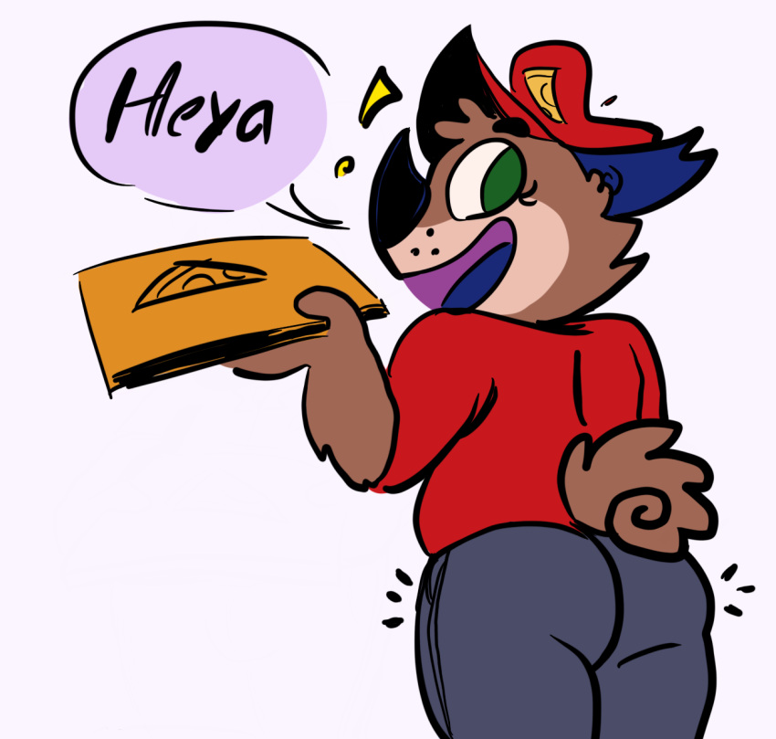 (crimson anthro bottomwear bulge butt canid canine canis clothing comic crimson_hound delivery_(commerce) delivery_employee dizzysauce_nsfw domestic_dog food food_carrier food_delivery green_eyes hat headgear headwear hi_res hound) male mammal pants pizza pizza_delivery pizza_delivery_carrier red_clothing red_shirt red_topwear shirt smile topwear