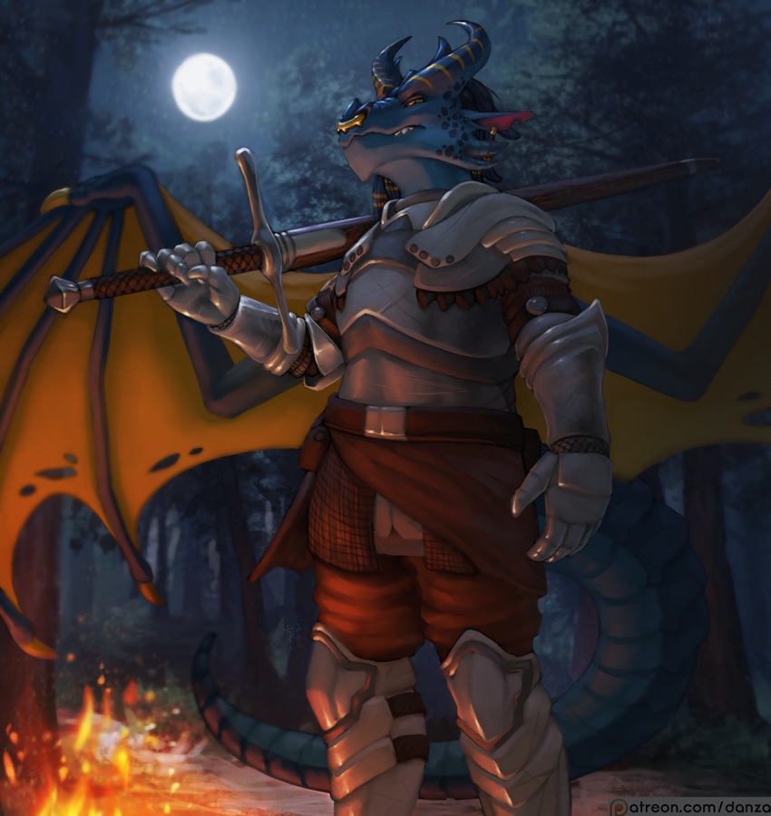 anthro armor big_(disambiguation) campfire conditional_dnp danza dragon fire hi_res male melee_weapon moon night patreon plating quest scaled sethfoxxo sword weapon wings