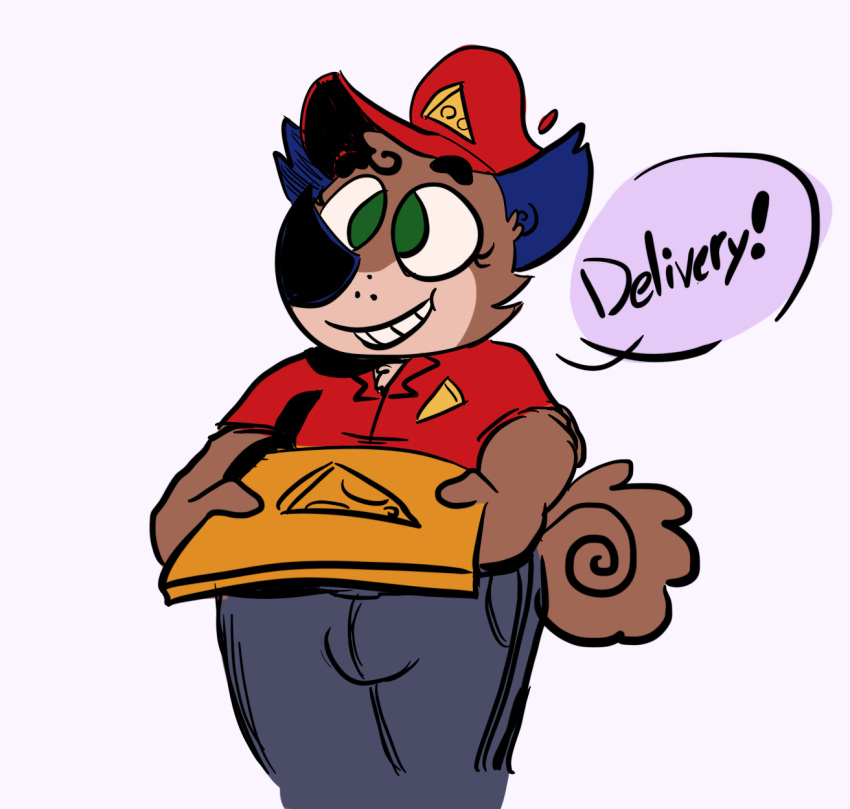 (crimson anthro bulge canid canine canis clothing comic crimson_hound delivery_(commerce) delivery_employee dizzysauce_nsfw domestic_dog food food_carrier food_delivery green_eyes hat headgear headwear hi_res hound) male mammal pizza pizza_delivery pizza_delivery_carrier red_clothing red_shirt red_topwear shirt smile topwear