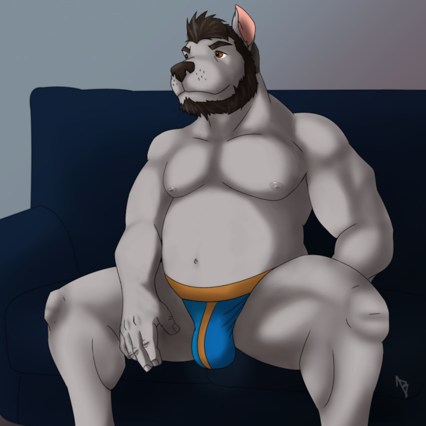 1:1 anthro beard belly bulge canid canine canis clothed clothing domestic_dog facial_hair jberrserker male mammal nipples original_characters pit_bull slightly_chubby solo topless underwear