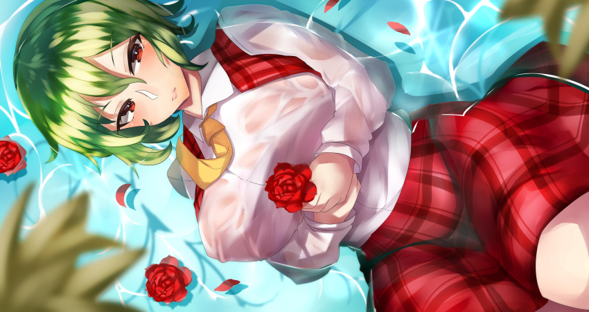 1girl absurdres alternate_eye_color alternate_neckwear bangs blurry_foreground breasts caustics collared_shirt commentary_request expressionless eyebrows_visible_through_hair flower from_above green_hair hair_between_eyes highres hip_focus huge_breasts in_water kazami_yuuka knee_up leaf long_sleeves looking_at_viewer lying necktie on_back orange_eyes parted_lips petals pink_lips plaid plaid_skirt red_skirt ripples rose rose_petals see-through shiny shiny_hair shirt skirt solo tea_texiamato thick_thighs thighs touhou tree wet wet_clothes wet_hair wet_skirt white_shirt yellow_neckwear