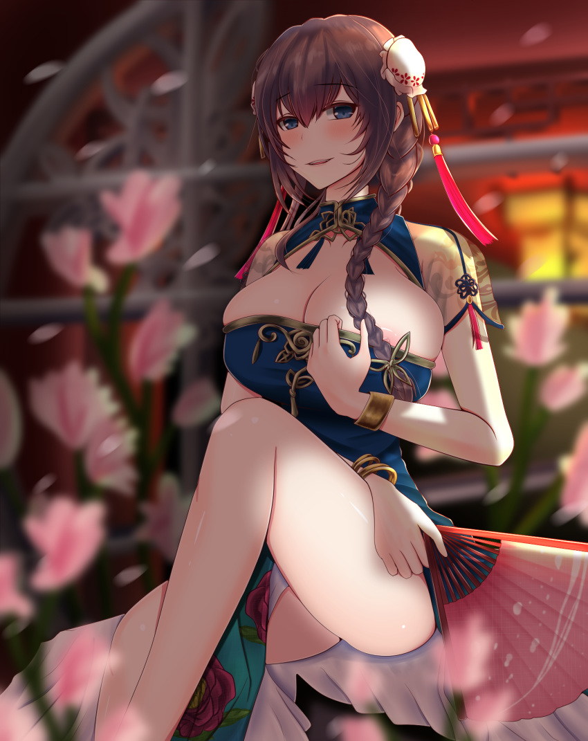 1girl alternate_costume alternate_hairstyle arm_across_waist azur_lane bangle bangs bare_legs blue_dress blue_eyes blush bracelet braid breasts bun_cover chin_gero china_dress chinese_clothes cleavage cleavage_cutout crossed_ankles curacao_(eastern_luster)_(azur_lane) curacoa_(azur_lane) double_bun dress eyebrows_visible_through_hair fan flats flower folding_fan full_body gold gold_trim hair_between_eyes hair_ornament highres holding holding_fan jewelry large_breasts long_hair looking_at_viewer night nipple_slip nipples open_mouth outdoors pelvic_curtain pink_flower purple_hair side_braid sidelocks sitting smile solo thighs turret