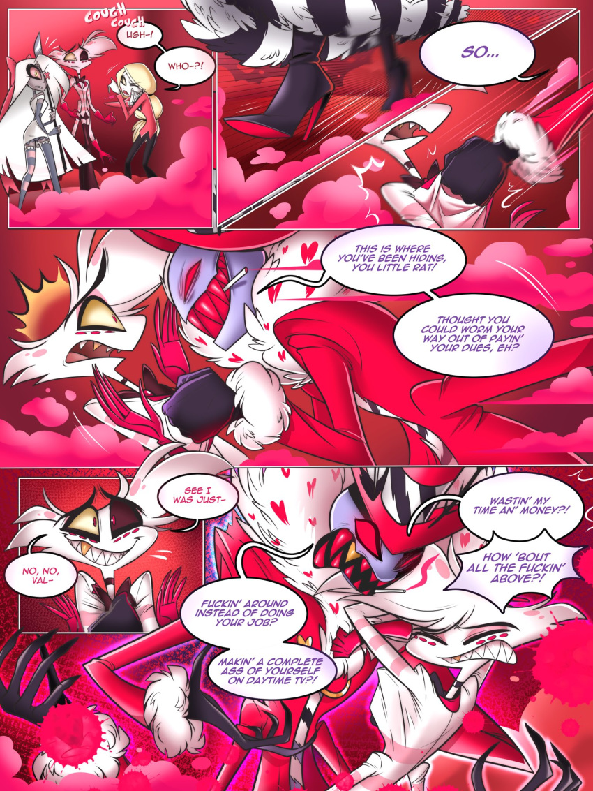 &lt;3 3:4 4_arms angel_dust angry charlie_(vivzmind) clothed clothing comic demon detailed_background english_text female group hazbin_hotel hi_res humanoid inside madelezabeth male multi_arm multi_limb nervous nervous_smile pink_smoke profanity scared sharp_teeth smoke teeth text vaggie_(vivzmind) valentino_(vivzmind) yelling