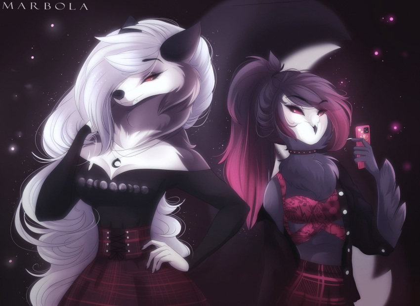 anthro avian bird canid canid_demon demon duo female female/female hellhound helluva_boss hi_res loona_(vivzmind) mammal marbola octavia_(vivzmind) owl