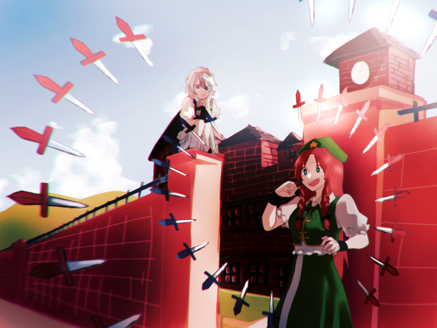 2girls :t apron arm_rest bangs beret blouse blue_eyes blue_sky bow braid brick_wall bright_pupils chin_rest chromatic_aberration cloud collared_blouse collared_shirt cowboy_shot dagger danmaku day frilled_apron frilled_blouse frilled_shirt frilled_sleeves frills full_body gate green_eyes green_headwear green_skirt green_vest hair_between_eyes hair_bow hair_ornament hand_on_own_cheek hand_on_own_chin hand_on_own_face hands_up hat highres hong_meiling izayoi_sakuya knife long_hair long_skirt looking_at_another maid_headdress mountain multiple_girls on_wall open_mouth outdoors parted_bangs pout puffy_short_sleeves puffy_sleeves raised_eyebrow red_hair scarlet_devil_mansion shirt short_hair short_sleeves silver_hair sitting_on_wall skirt skirt_set sky somei_ooo squatting star_(symbol) star_hair_ornament sweatdrop touhou twin_braids upper_teeth vest wall weapon white_blouse white_pupils white_shirt wing_collar wristband
