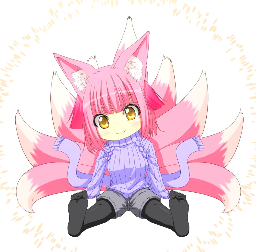 2020 9_tails amatlas amber_eyes animal_humanoid blush bottomwear breasts canid canid_humanoid canine canine_humanoid chibi clothing female fox_humanoid hair humanoid looking_at_viewer mammal mammal_humanoid multi_tail pink_hair shorts simple_background sitting smile solo sweater topwear white_background